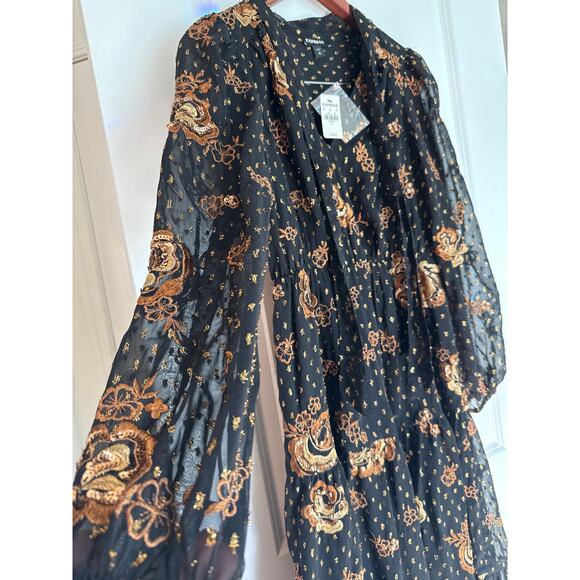 Express Black Gold Embroidered Midi Dress NWT Small Witchy Eventwear - Picture 3 of 16